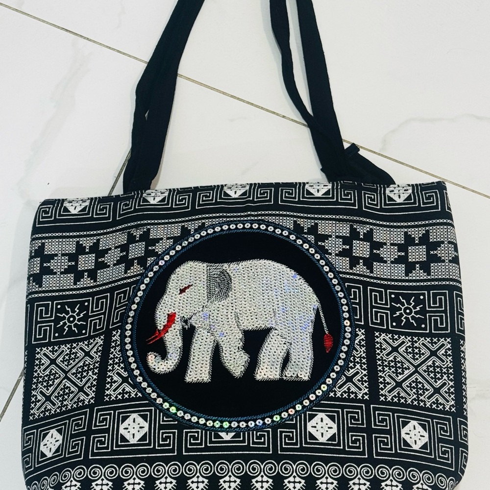 Chic Black and White Tote with Elephant Design